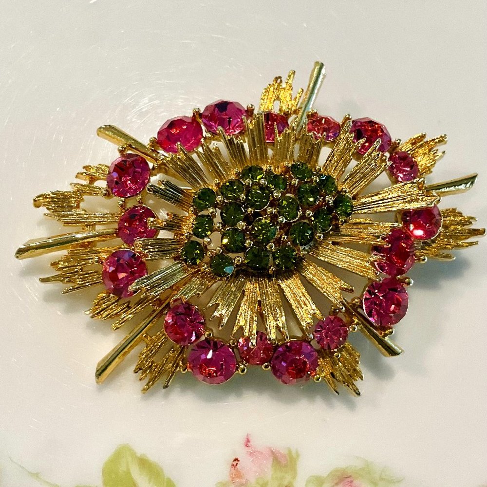 Lisner Atomic Pink & Green Rhinestone Brooch
